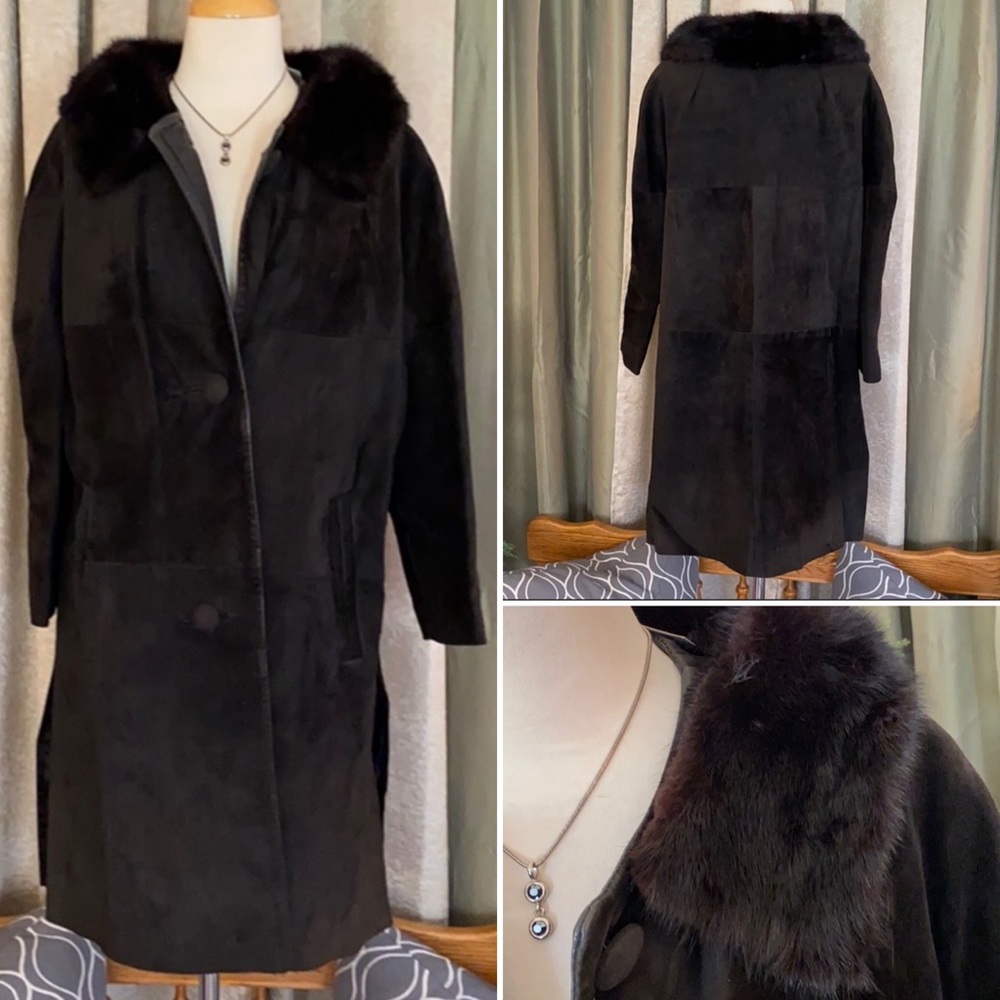 🎉HP🎉 Vintage Leather Suede Fur Collar Coat